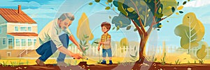 Illustration of a grandfather with his little grandson planting a sprout of a green tree, transferring experience and