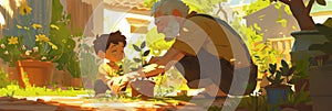 Illustration of a grandfather with his little grandson planting a sprout of a green tree, transferring experience and