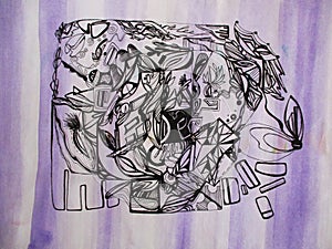 Illustration of a graphic abstract bionic art on a purple striped background