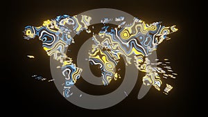 Illustration graphic of beautiful texture or pattern formation on the world map, isolated on black background. 3d abstract loop