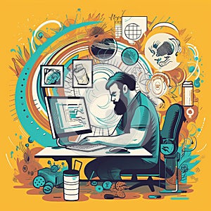 Creative Designer at Work: Computer, Tools, and Design Elements photo