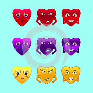 Illustration graphic Vector heart icon set . sad, laugh and angry. yellow, purple and red color