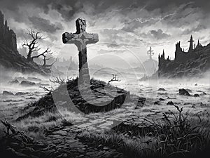 Illustration of a Grave In A Desolate Moor, Black and White, AI Generative