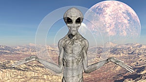 Illustration of a gray alien with arms in a whatever gesture with moons in the background on an extraterrestrial world