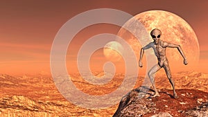 Illustration of a gray alien in a combative comical pose atop a mountain peak with moons in the background on a red world