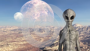 Illustration of a gray alien on an extraterrestrial world with moons in the background