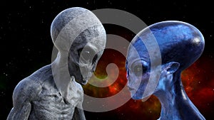 Illustration of a gray alien looking at a blue extraterrestrial in space with a red and green nebula in the background