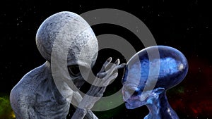 Illustration of a gray alien touching the forehead of a blue extraterrestrial in space with a red and green nebula in the