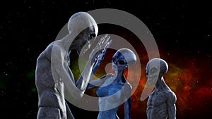 Illustration of a gray alien touching hands with a blue extraterrestrial in space while a third watches