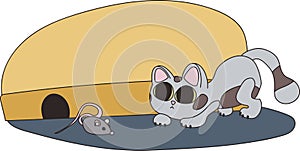 Illustration of a gray cat and mouse. A pet hunts a rodent near a mink. Home interior, predator and prey, kitten and toy