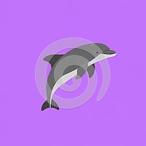 Illustration of a gray dolphin with a white underbelly on a solid purple background. The