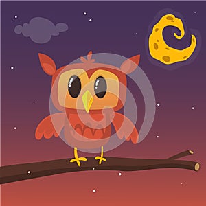 Illustration of a great horned owl on a branch silhouetting the full moon. Eps 10 Vector. Halloween design.