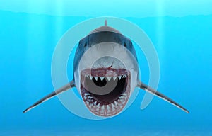 Illustration of a great white shark with jaws open in attack mode swimming through blue ocean water