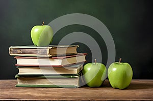 Illustration of green apples on a stack of books on the teacher's desk