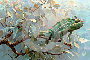 A green chameleon is perched on the branch of a tree, its body coiled and tail extended. the background features a soft gradi