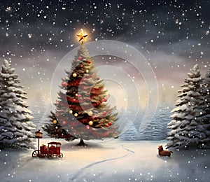 Illustration of a green Christmas tree with star baubles and falling snow winter landscape.Christmas banner with space for your