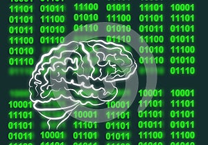 Illustration of a digital computer code and a human brain