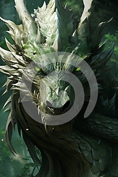 Illustration of a green fantasy dragon. Mythical formidable creature