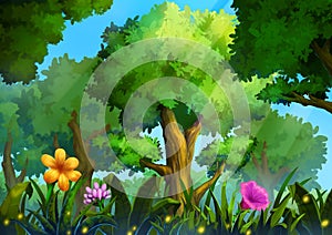 Illustration: Green Forest With Deep Grass and Magical Flowers.