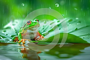 illustration of green frog on a leaf of water lily. Generative AI