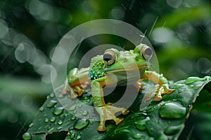 illustration of green frog on a leaf of water lily. Generative AI