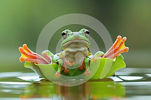 illustration of green frog on a leaf of water lily. Generative AI