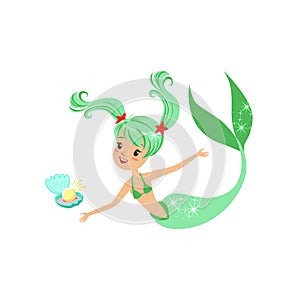 Illustration of green-haired mermaid girl and shell with pearl. Cartoon mythical marine creature with fish tail. Sea and