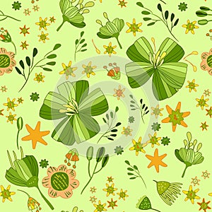 Illustration, green and orange with yellow flowers on a green background , seamless pattern