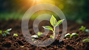 Illustration of green seedling growth from the rich soil and leaves unfurl in the morning sunlight