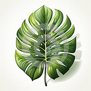 Illustration of green tropical monstera leaf on white background, top view.