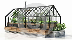 An illustration of a greenhouse incorporating an aquaponics system maximizing space and extending the growing season. photo