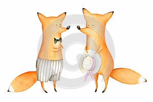 Cute and Funny Watercolor Foxes. Forest Animal. Summer