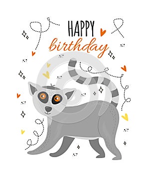 Illustration greeting card with lemur, hearts, doodle, happy birthday lettering. Greeting card vector