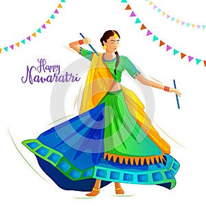 Illustration of a gril playing Garba and Dandiya in Navratri Celebration and Garba Night poster for Navratri Dussehra festival.