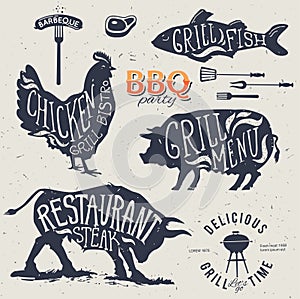 Illustration Grill Menu Labels Set of in Flat Design Style.