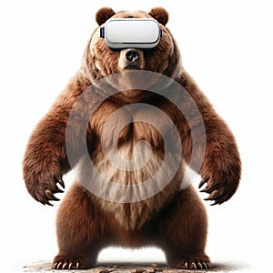 Illustration of a Grizzly bear standing up and wearing a virtual reality headset, against a white background