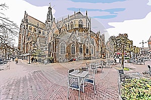 Illustration of the Grote Kerk, St.-Bavokerk is a Protestant church