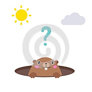 Illustration of groundhog looking out of his hole. Flat