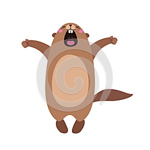 Illustration of groundhog who yawns and stretches. Flat