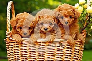 Group of Adorable Poodle Puppies Sitting in a Basket, Generative AI