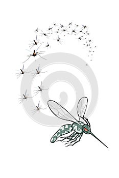 Illustration of a group attack of flying mosquitoes.