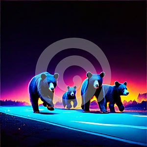 illustration of a group of bears walking on the road at sunset generative AI