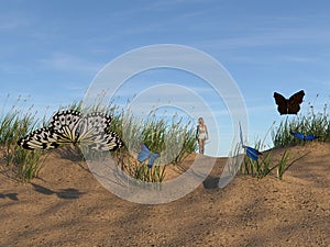 Illustration of a group of blue and black butterflies playfully flying over a sand dune with a woman walking a path towards them