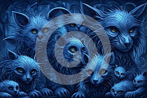 Illustration of a group of cats with blue eyes in front of a blue background