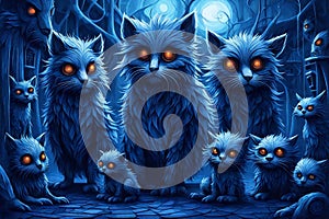 Illustration of a group of cats in the forest at night