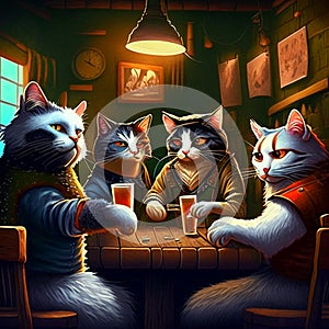 Illustration of a group of cats sitting at a table in a pub AI Generated