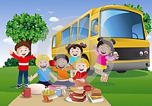 illustration of a group of children in front rv bus ready to school vacation