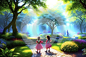 Illustration of group children play in nature