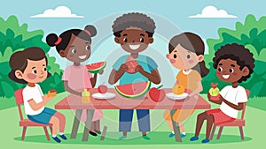 An illustration of a group of children sitting at a picnic table happily eating slices of watermelon and telling stories