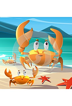 Illustration of a group of crabs at the seashore